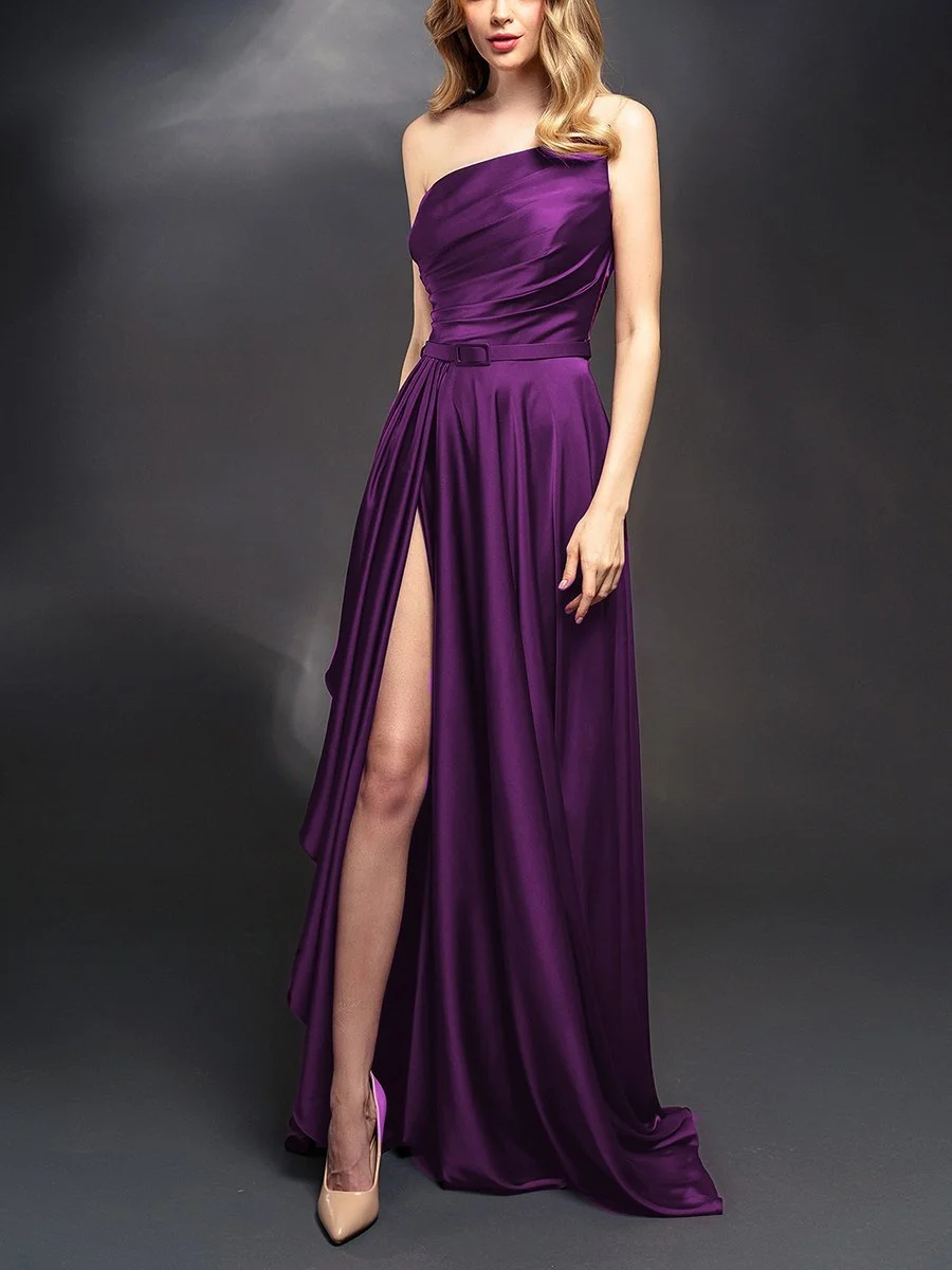 Elegant one shoulder high slit maxi dress
