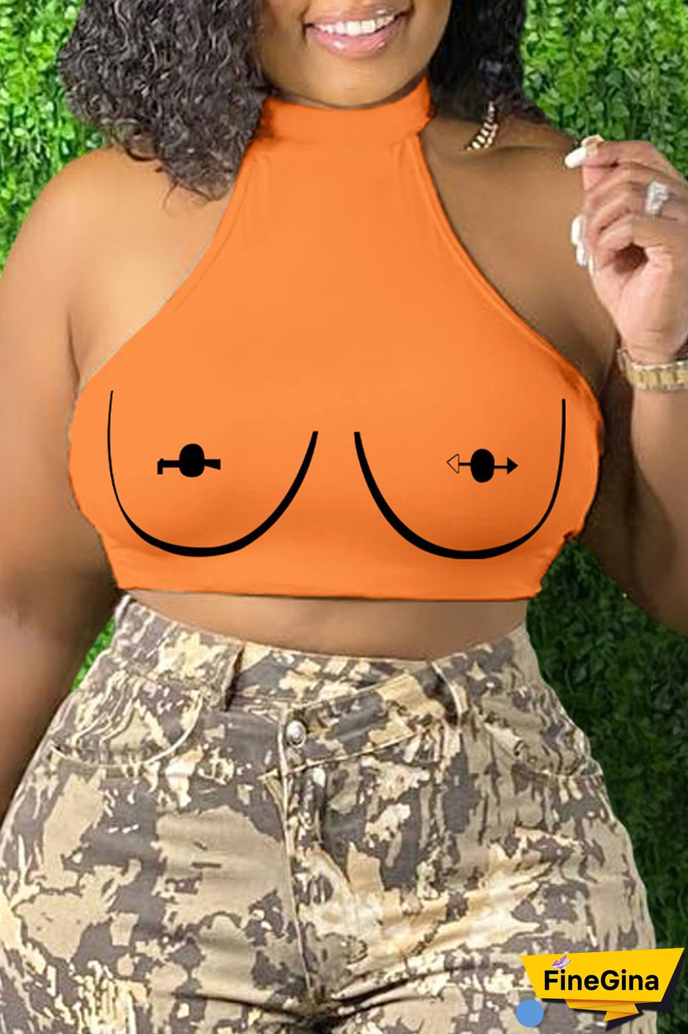 Brick Red Sexy Print Patchwork O Neck Tops