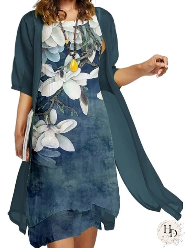 Plus Size Casual Dress Dress Set Two Piece Dress Floral Midi Dress Half Sleeve Print Crew Neck Fashion Daily Blue Dark Green Summer Spring L XL XXL 3XL 4XL for Women