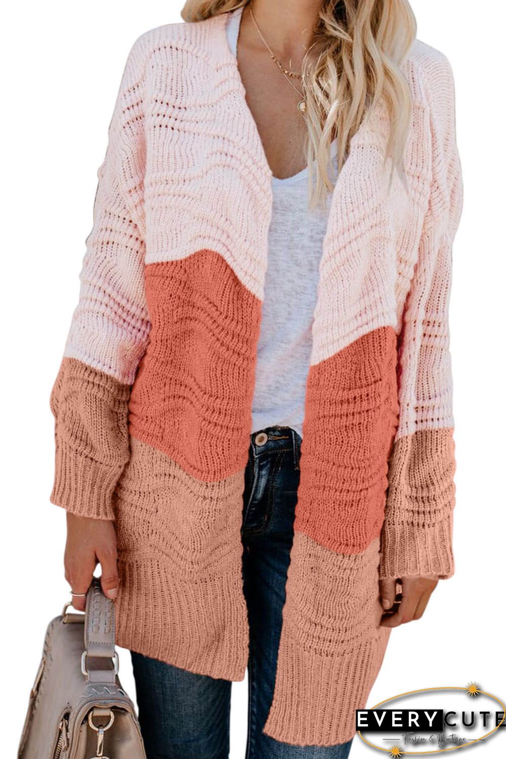 Pink Colorblock Knit Cardigan