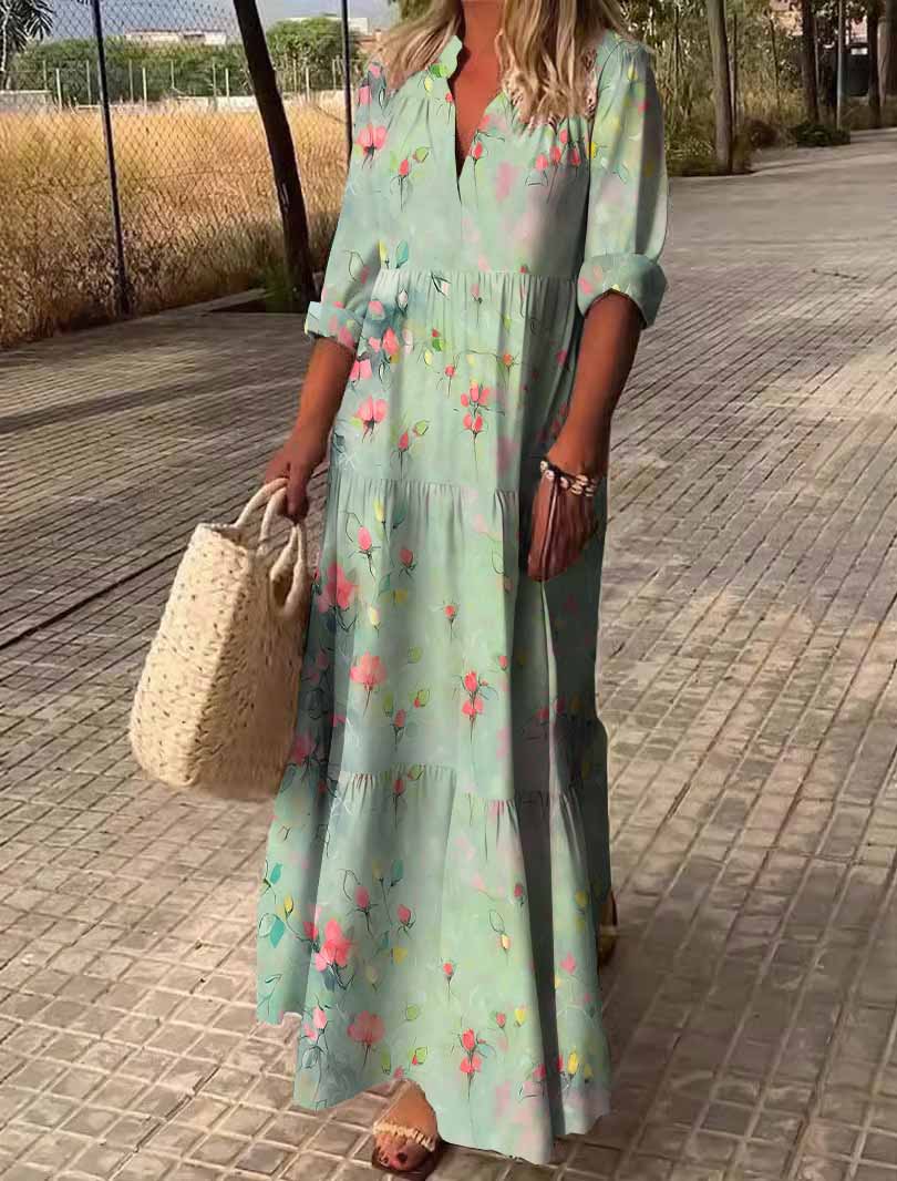 Women Floral, Green DZDN0339 SPU Printed Long Sleeve V-neck Maxi Dress