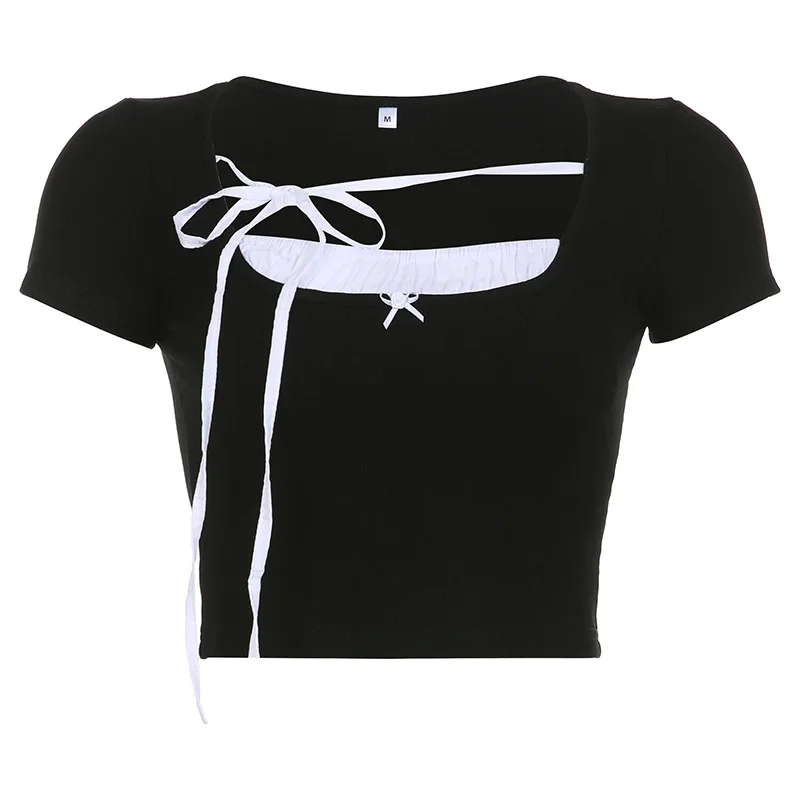 Ueong And Spicy Girls With Square Neckties And Bows Knit Short-Sleeved Blouse Girl's Pleated Spliced T-Shirt