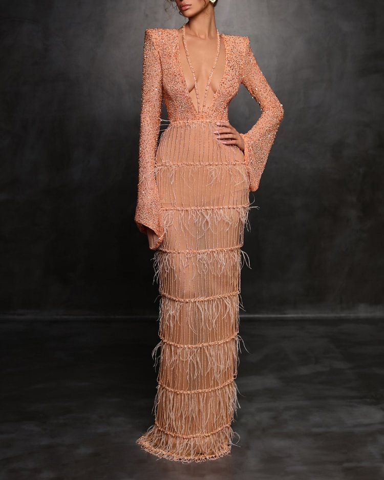 Pink Bright Deep V Neck Layered Feather Dress