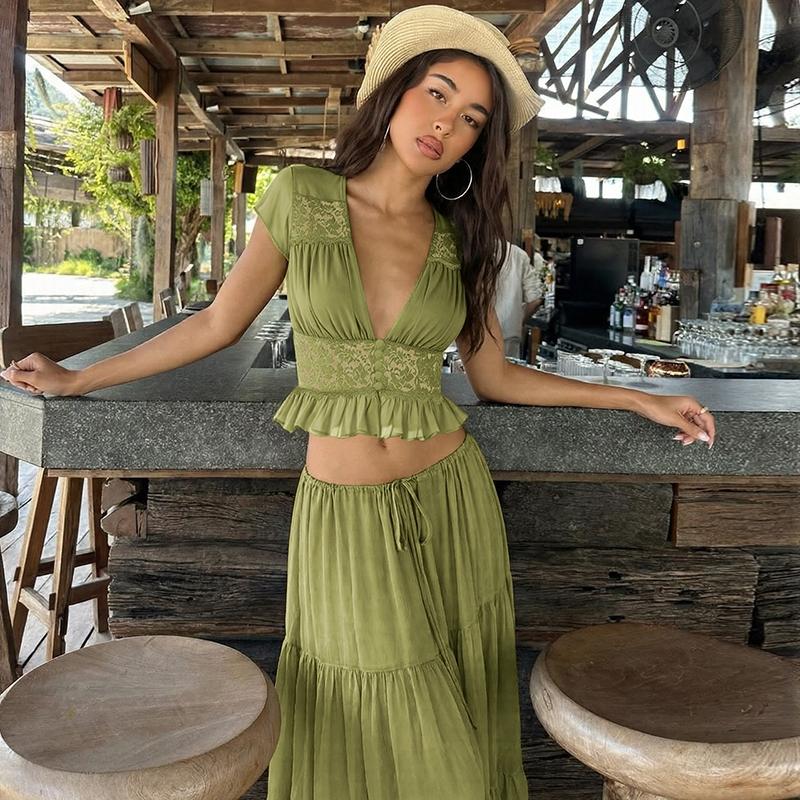 Women Summer Short Sleeve V Neck Tops Long Skirt Beach Vacation Chiffon Two Piece Set Outfit Women Summer Short Sleeve V Neck Tops Long Skirt Beach Vacation Chiffon Two Piece Set Outfit