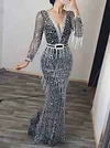 Deep V-Neck Sequined Tasseled Long Sleeve Party Maxi Dress