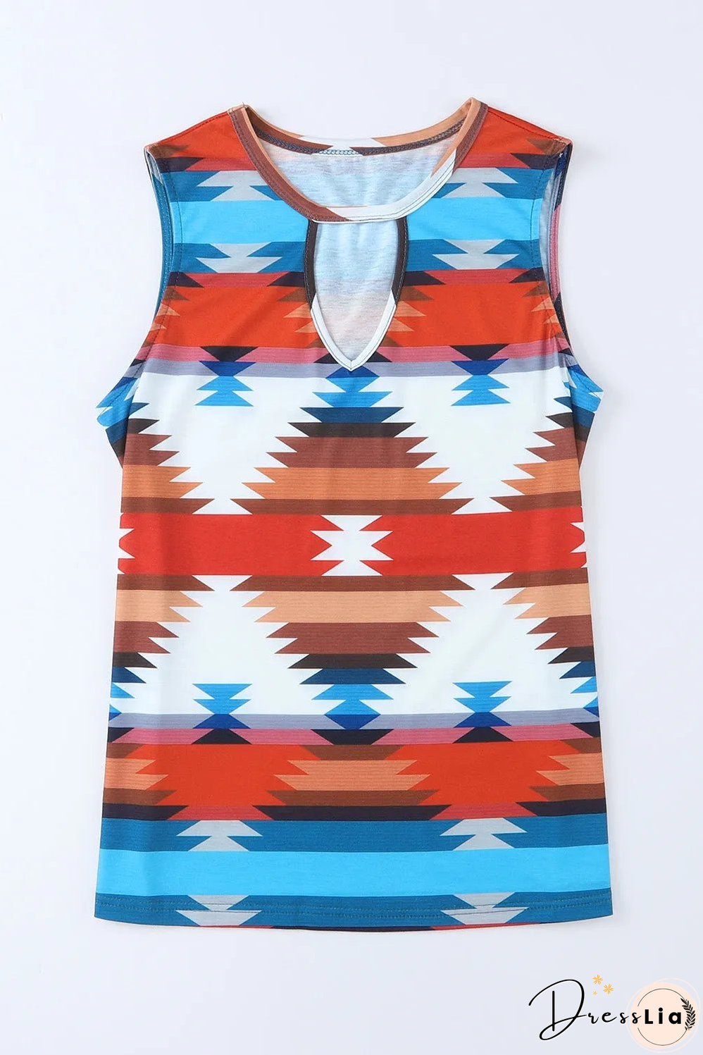 Fiery Red Aztec Geometric Print Hollowed Neckline Tank Top