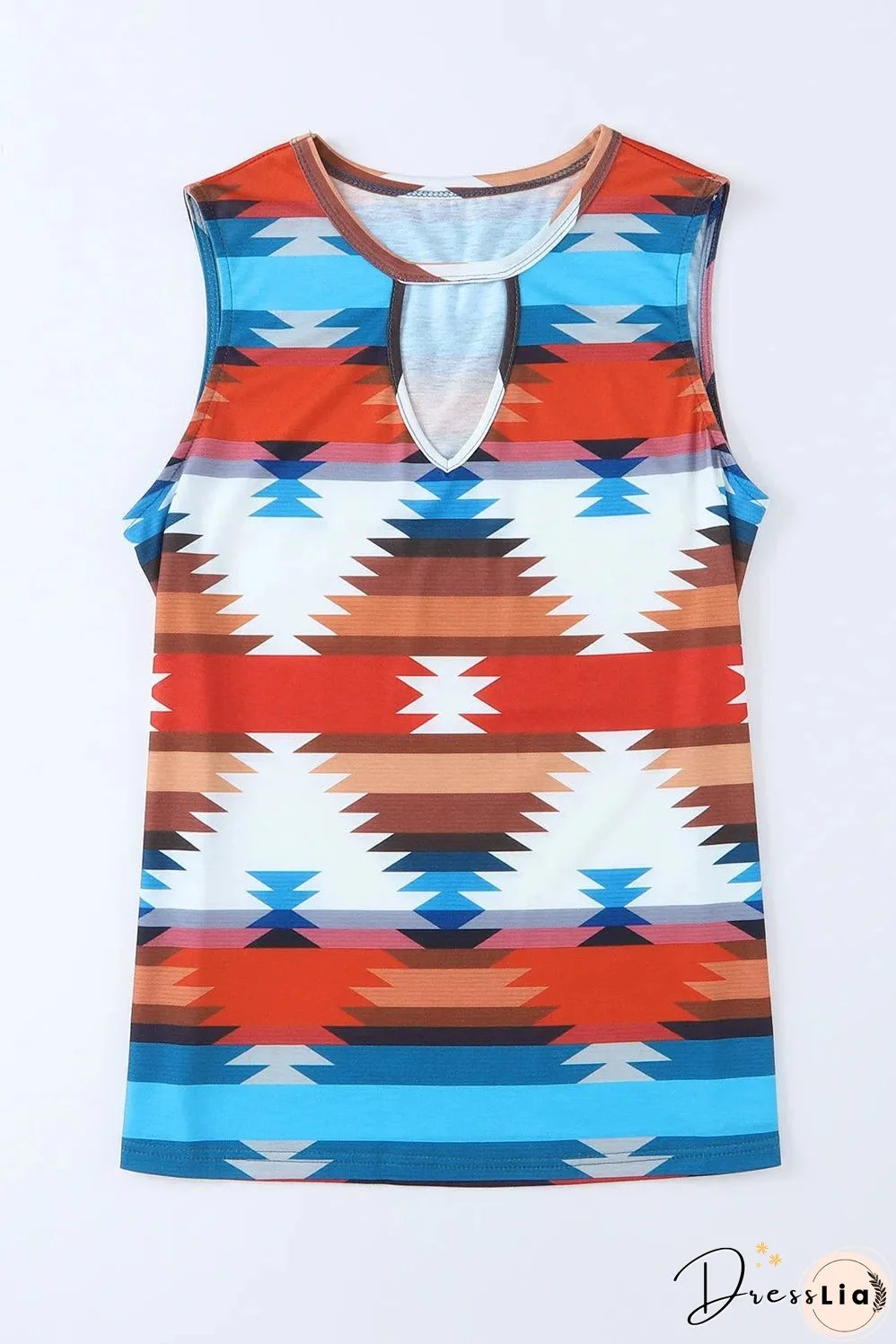Fiery Red Aztec Geometric Print Hollowed Neckline Tank Top