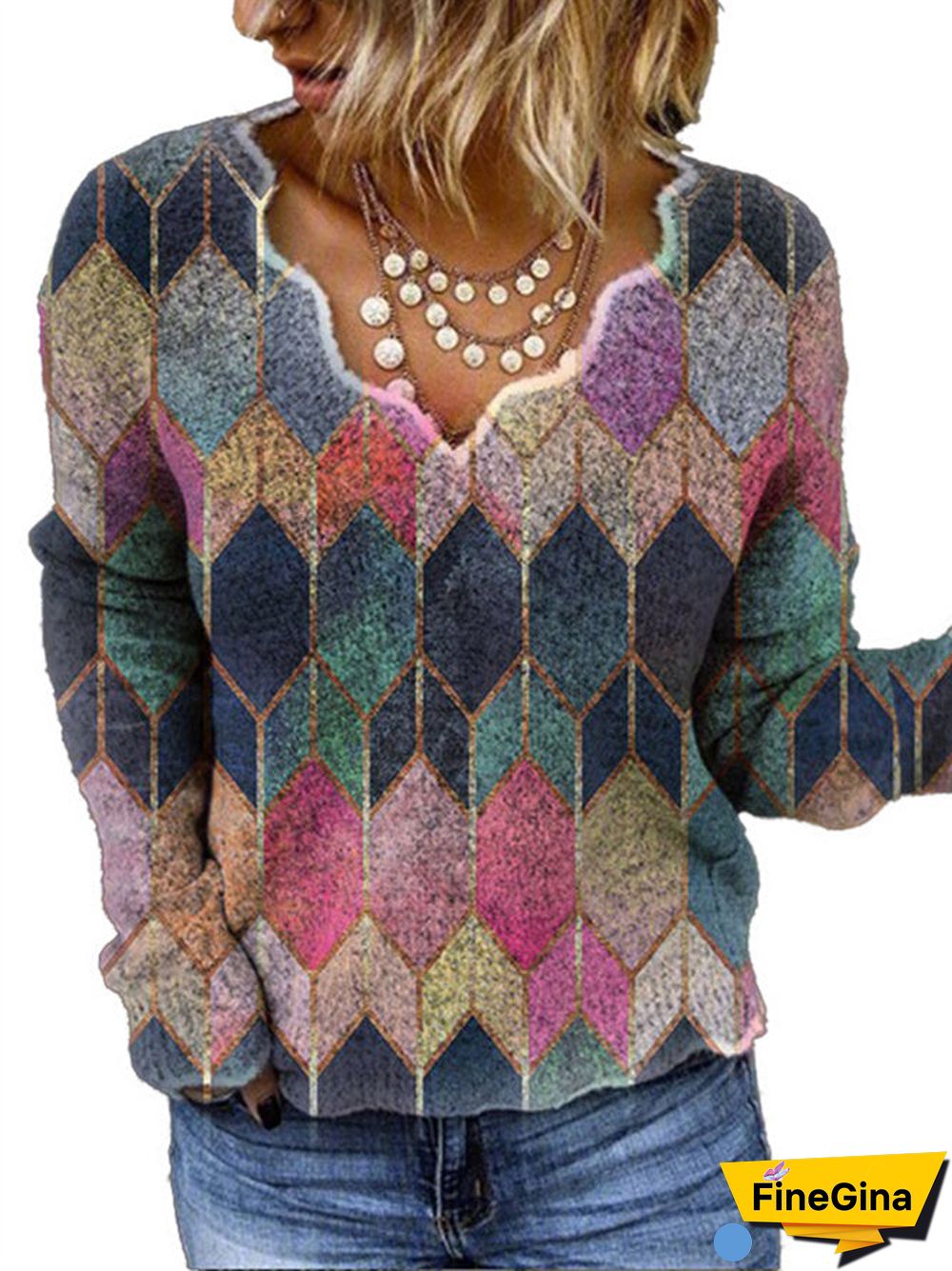 Women's Graphic Printed Long Sleeve V-neck Top