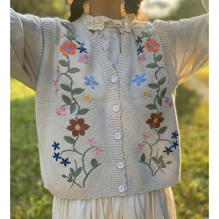 Queenfunky cottagecore style Button Up Embroidered Vest QueenFunky