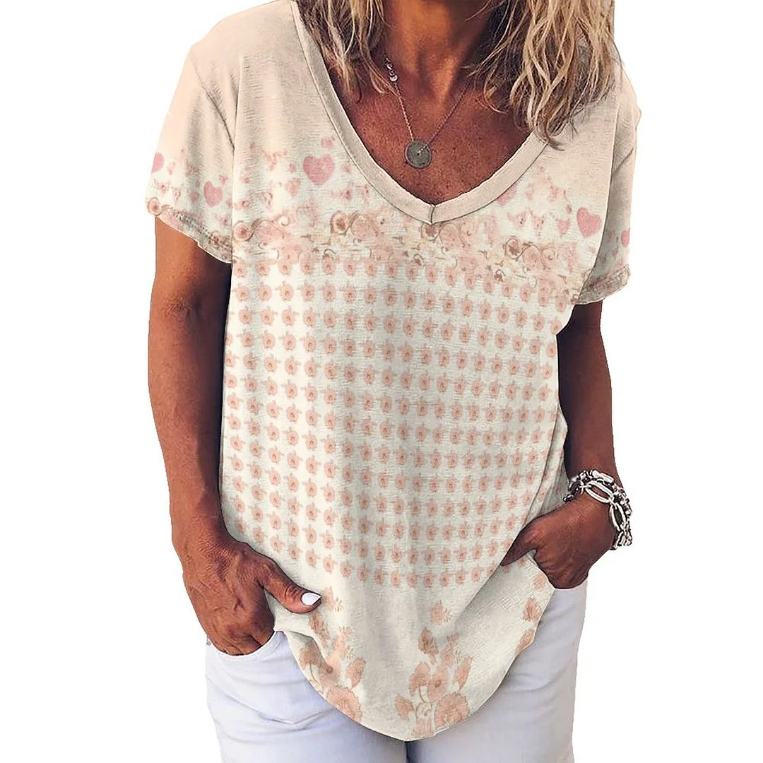 V-neck Short Sleeve Casual T-shirt for  Women Printed with Pattern Floral, Pink, Heart