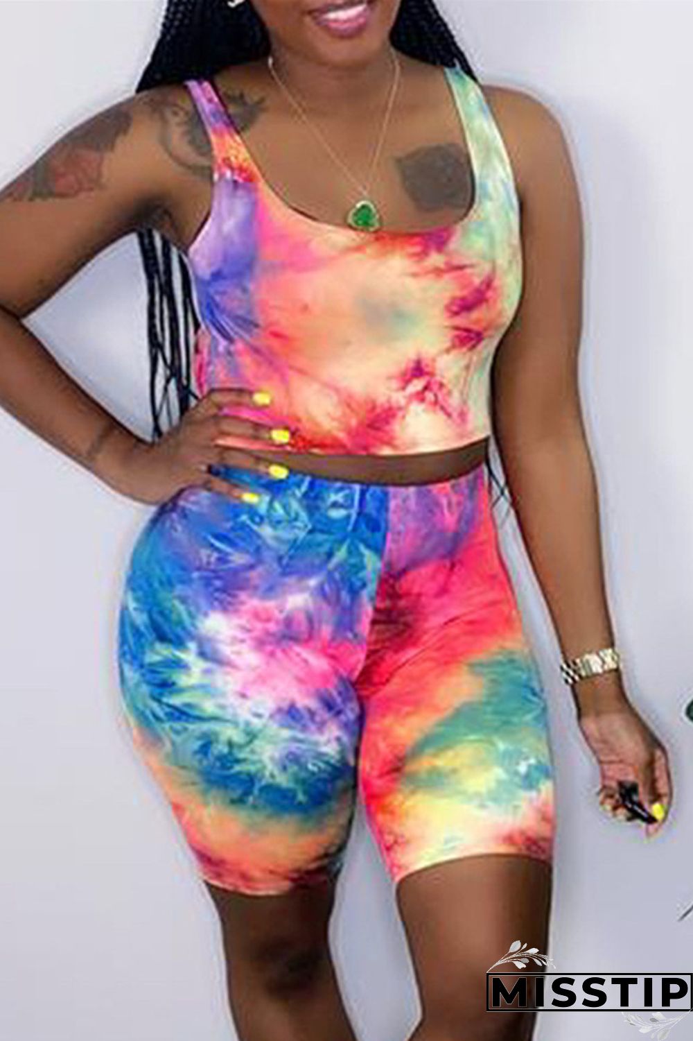 Colour Fashion Casual Tie Dye Printing U Neck Sleeveless Two Pieces