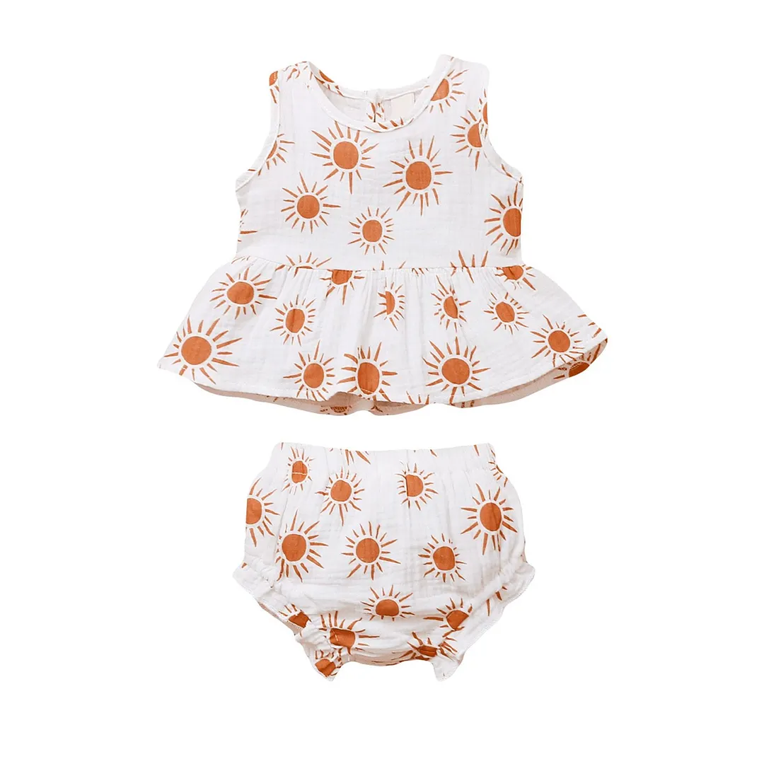 Infant Newborn Baby Girls Vest Shorts Cotton Linen Suit Fresh Daisy/Sun Printed Sleeveless Tops Triangle Short Pants 2Pcs Outfit