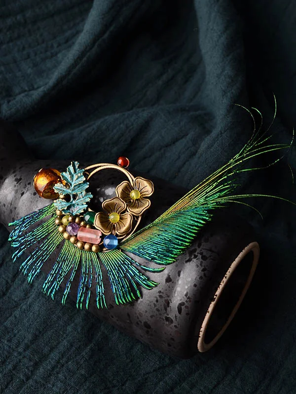 Vintage Peacock Feather Floral Brooch