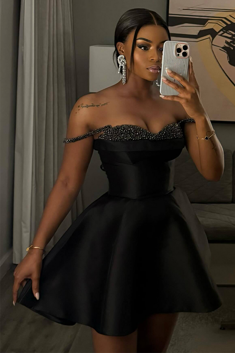 Sequin Patchwork Cinch Waist A-Line Slip Mini Dresses-Black