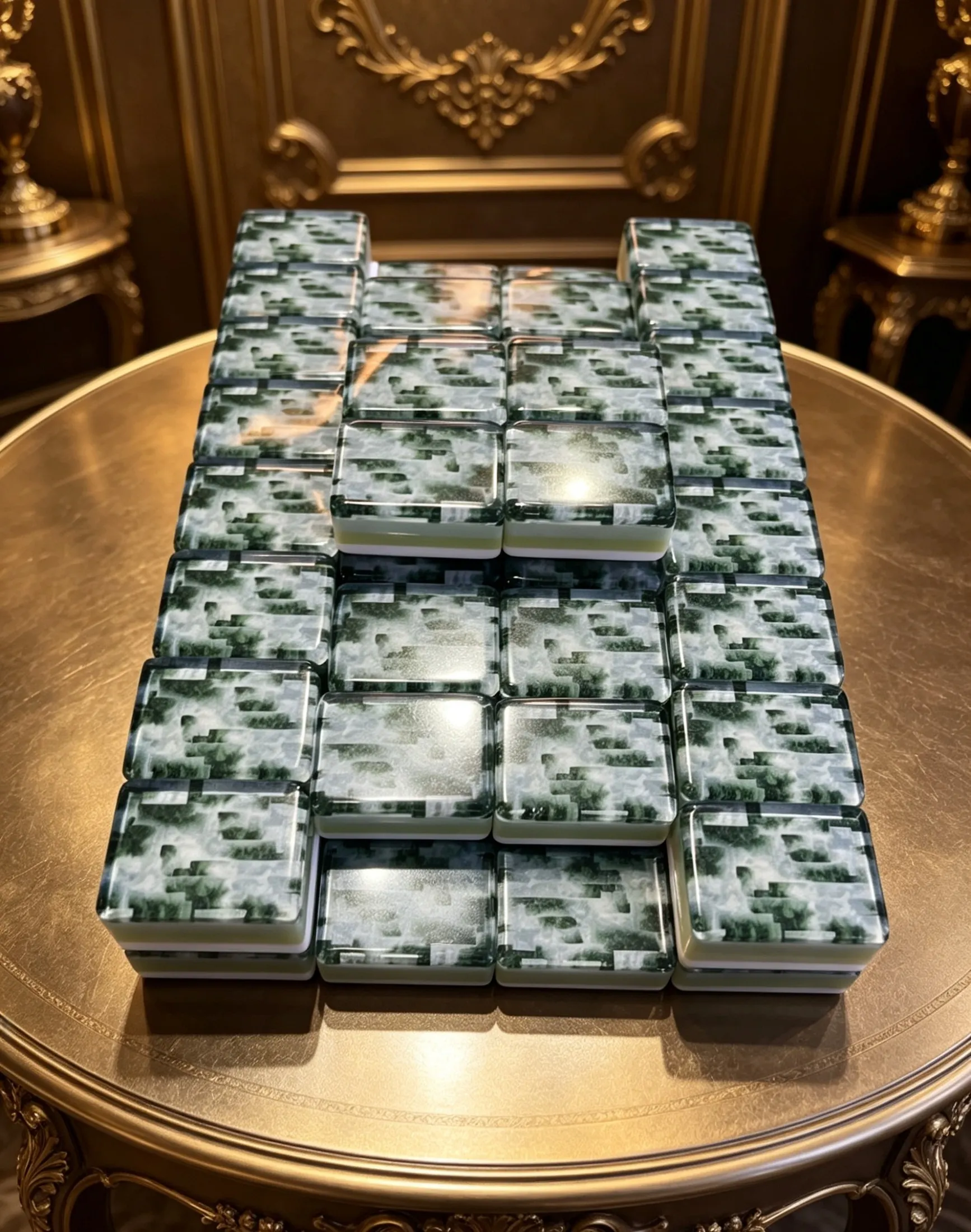 Real tiles showing the forest pattern, engraved faces and layered sides.