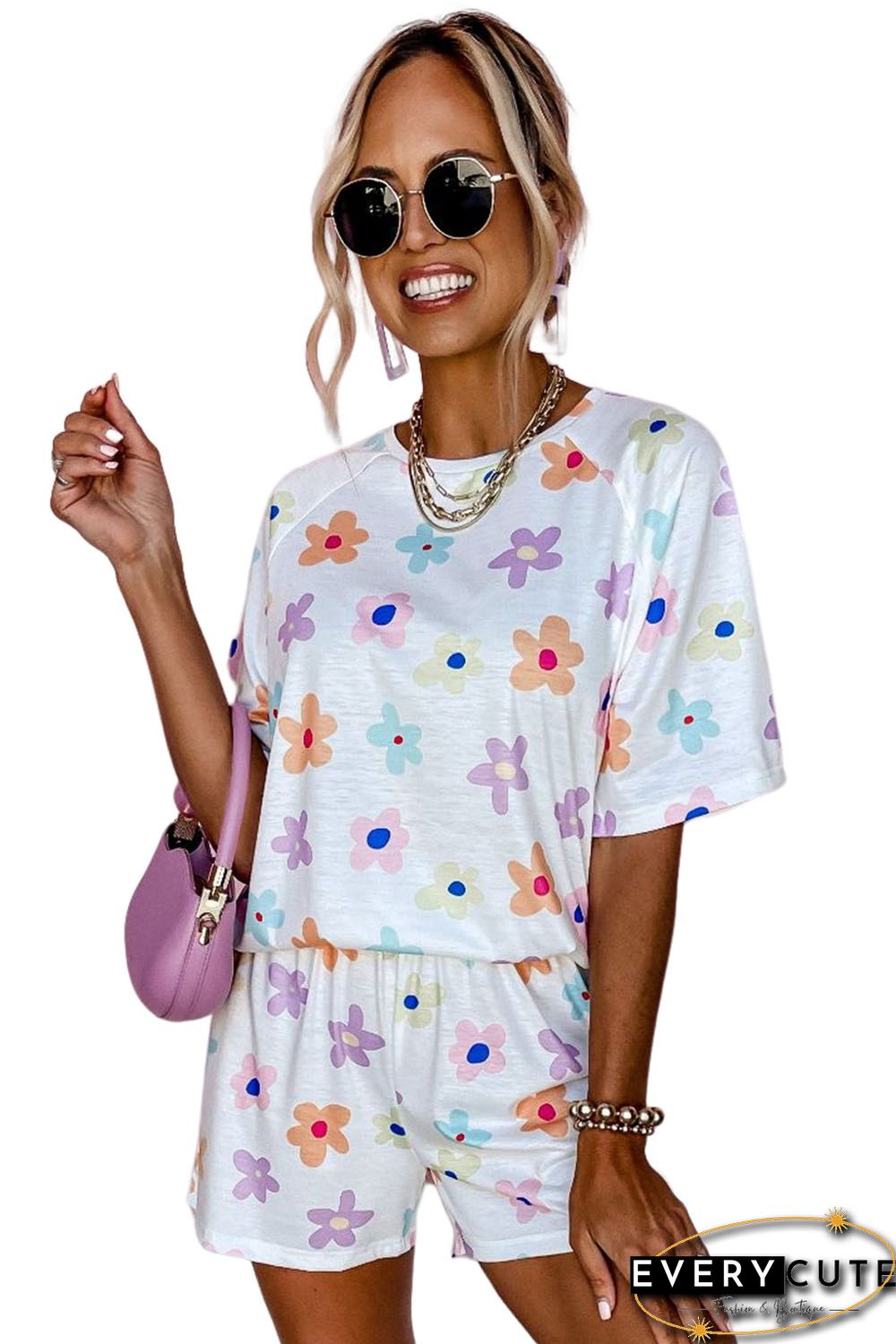 White Flower Print Short Sleeve High Waist Two Piece Shorts Set