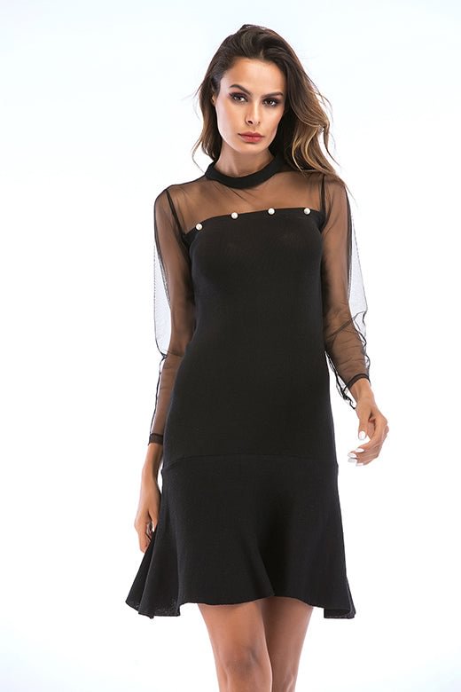Black Mesh Sleeve Ruffle Hem Beading Dress - Shop Trendy Women's Clothing | LoverChic