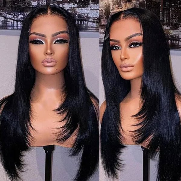 Junoda Inner Buckle Butterfly Layered Haircuts Cute Straight Lace Front Wig Medium Length
