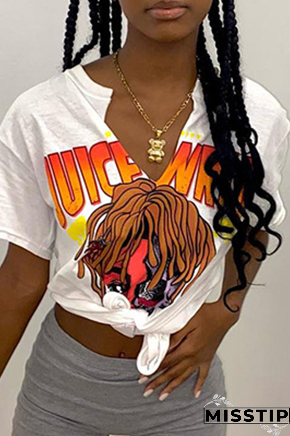 White Fashion Print Patchwork V Neck T-Shirts