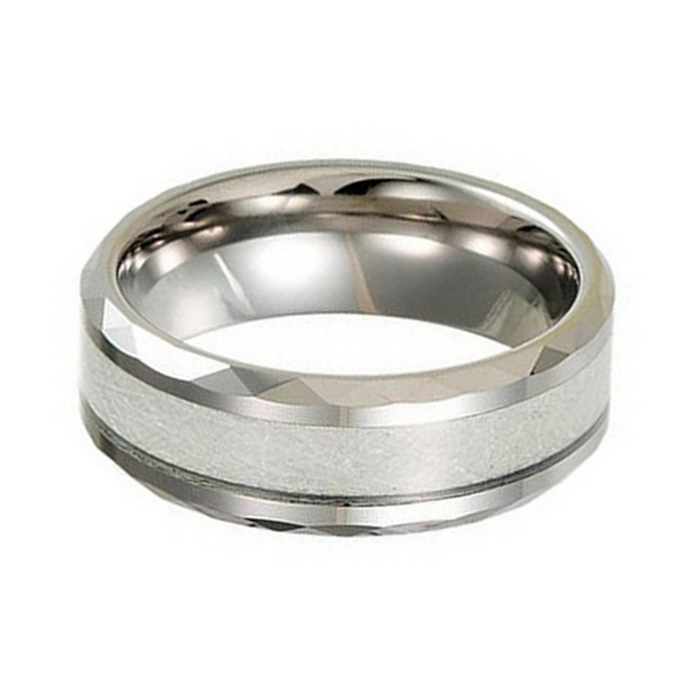 8MM High Polished Beveled Edge Inlaid Silver Carbon Fiber Couples Tungsten Ring