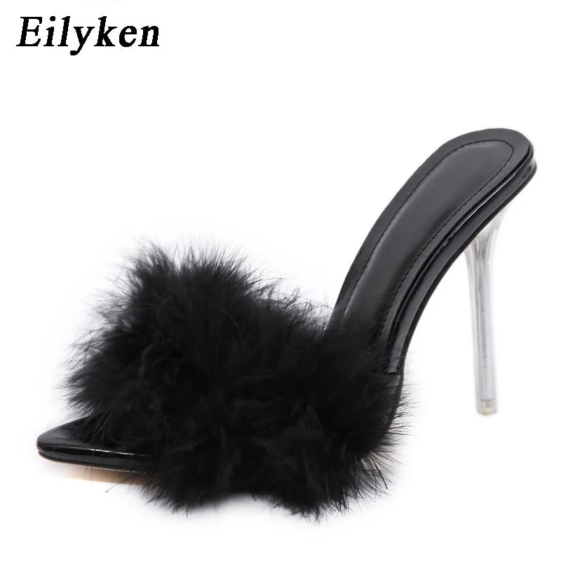 Summer Sexy Pointed Toe Furry Slippers ladies Sandals Fashion Design Clear Perspex Heels Women Mules Shoes Fluffy Slides