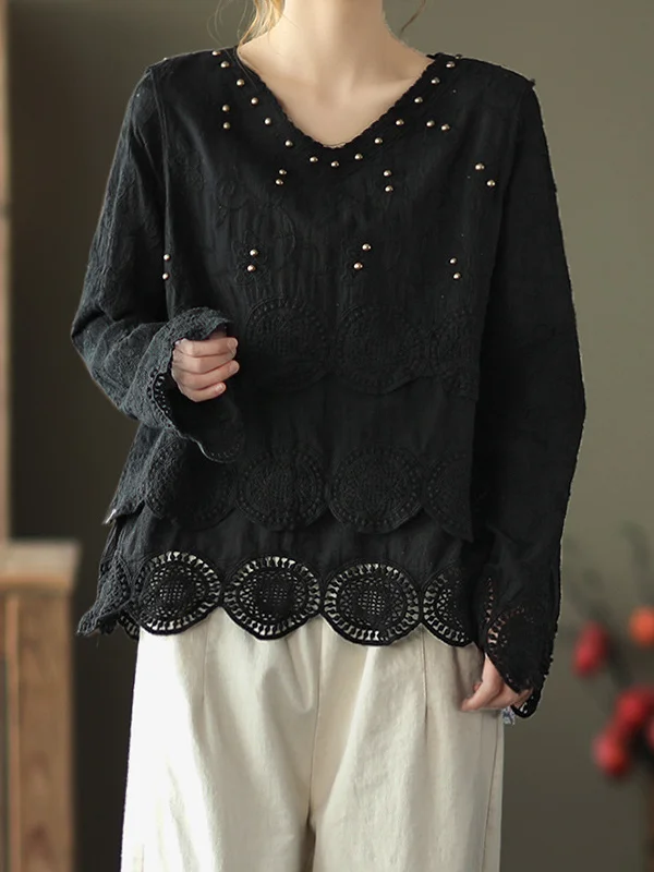 Solid Embroidered Long Sleeves Lace T-Shirt