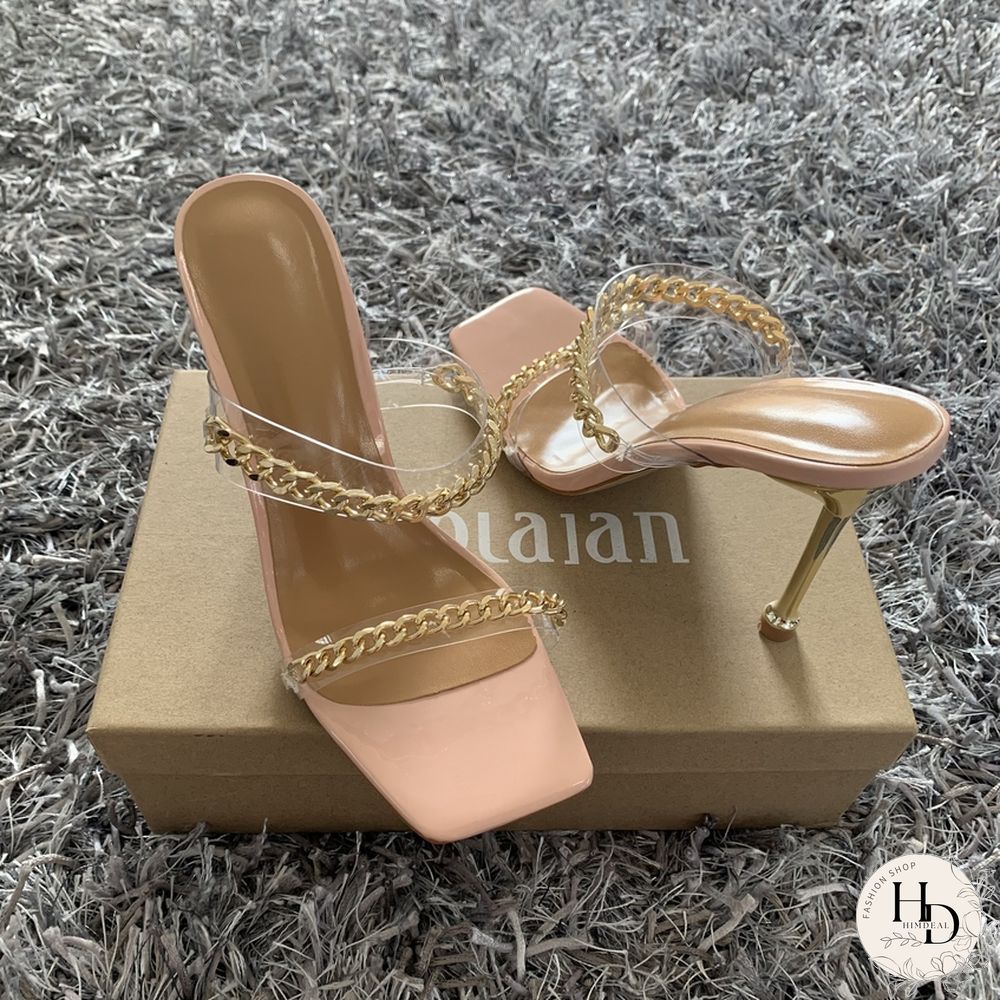 Summer Women Sandals Square Toe Ladies Heel Mules Clear PVC Transparent High Heels Slippers Female Fashion Chain Shoes Woman