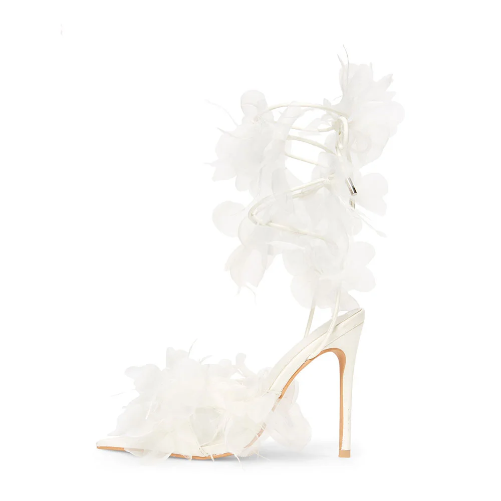 White Pointed Toe Tulle and Feather Strappy Heeled Wedding Sandals