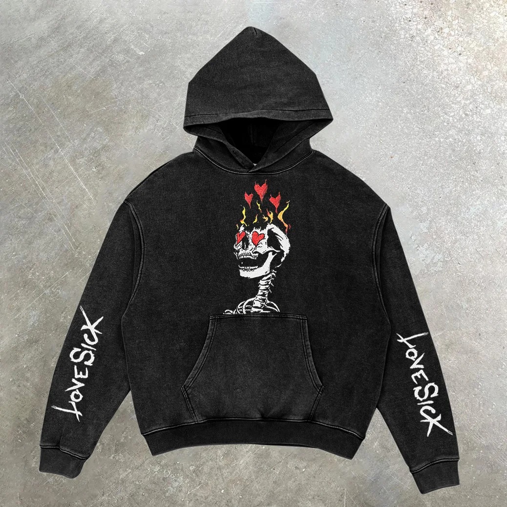 Vintage Street Style Love Sick Print Washed Hoodie