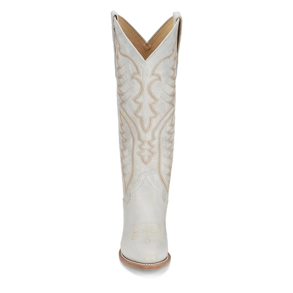 White Round Toe Chunky Heel Knee-High Cowgirl Boots with Embroidery