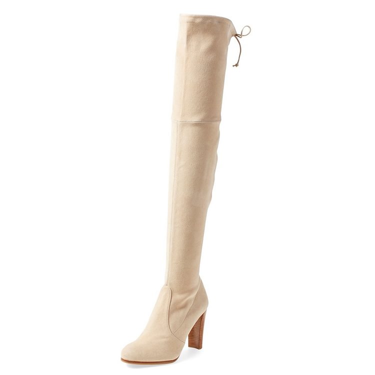 Beige Suede Long Boots Chunky Heel Thigh-high Boots |FSJ Shoes