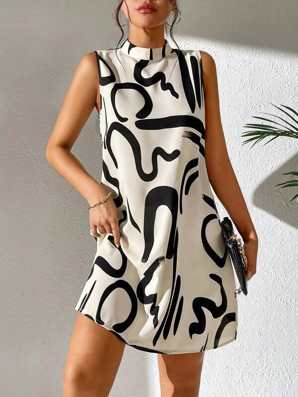 Mature Women Printed Stand Collar Summer Dress