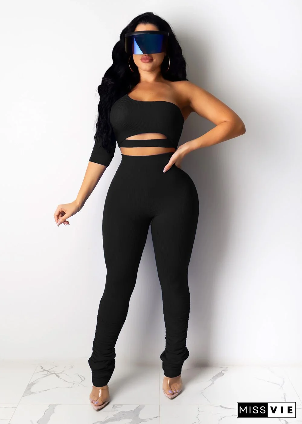 Sexy Hollow Out Single Sleeve Crop Top With Stack Pants 2 Pieces Set