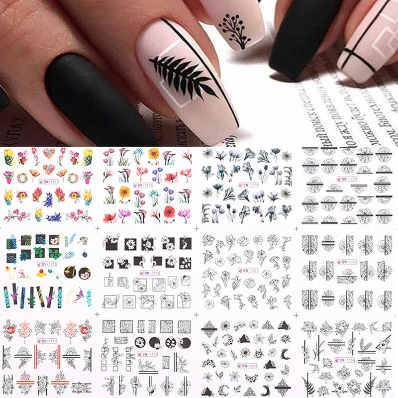 12 Designs Nail Stickers Set Mixed Floral Geometric Nail Art Water Transfer Decals Sliders Flower Leaves Manicures Decoration-Nail Inspo