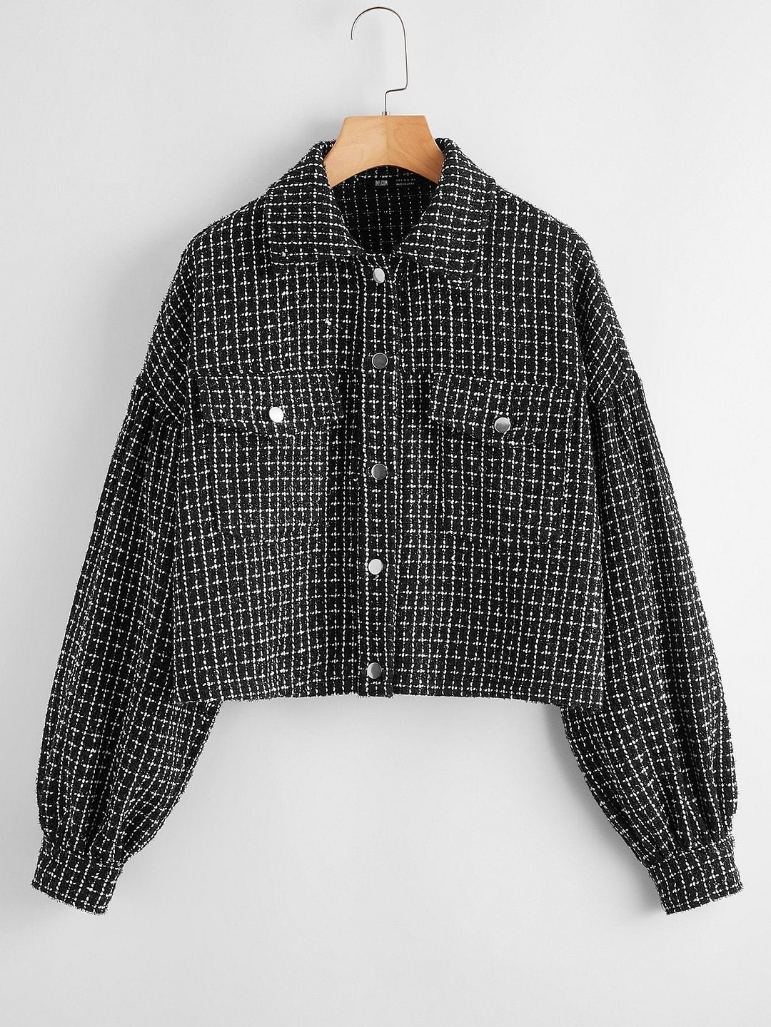 Drop Shoulder Flap Pocket Grid Tweed Jacket