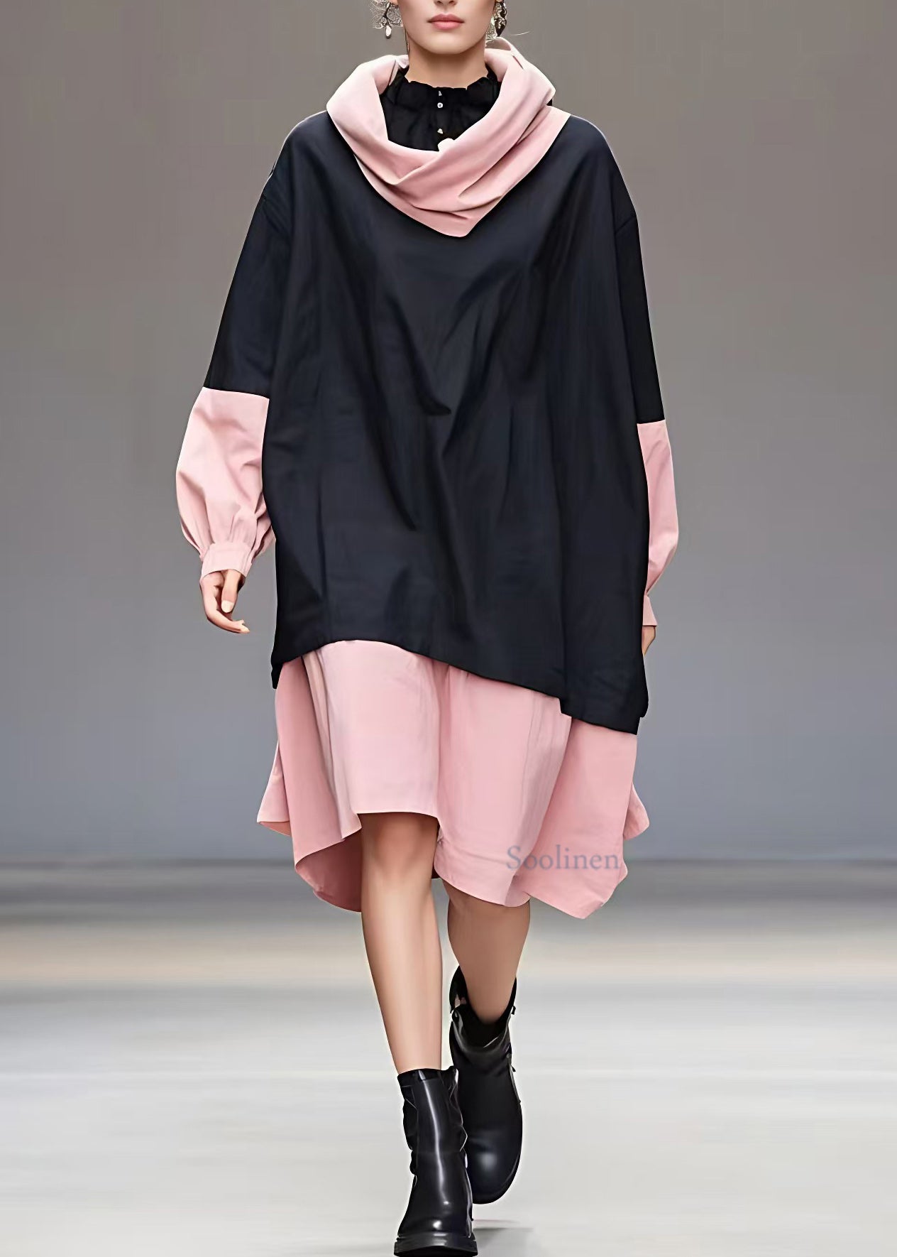 VCSHOES Loose Black Turtleneck Patchwork Party Maxi Dress Long Sleeve