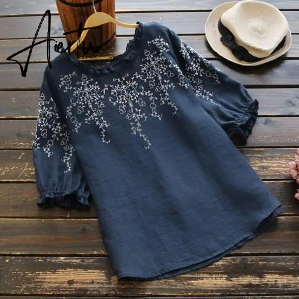 Fashion O Neck Cotton Tunic Women's Summer Blouse  Causal Half Sleeve Tee Shirts Female Embroidery Tops Aiertu
