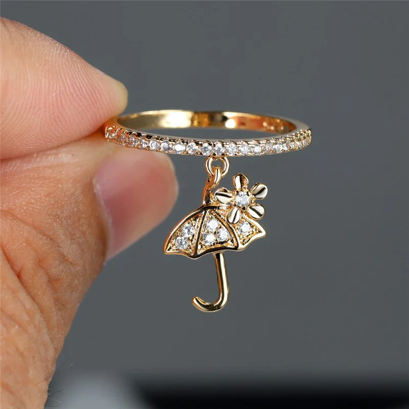 Cute Female Crystal Flower Pendant Ring Trendy Gold Silver Color Engagement Ring Charm Zircon Umbrella Wedding Rings For Women