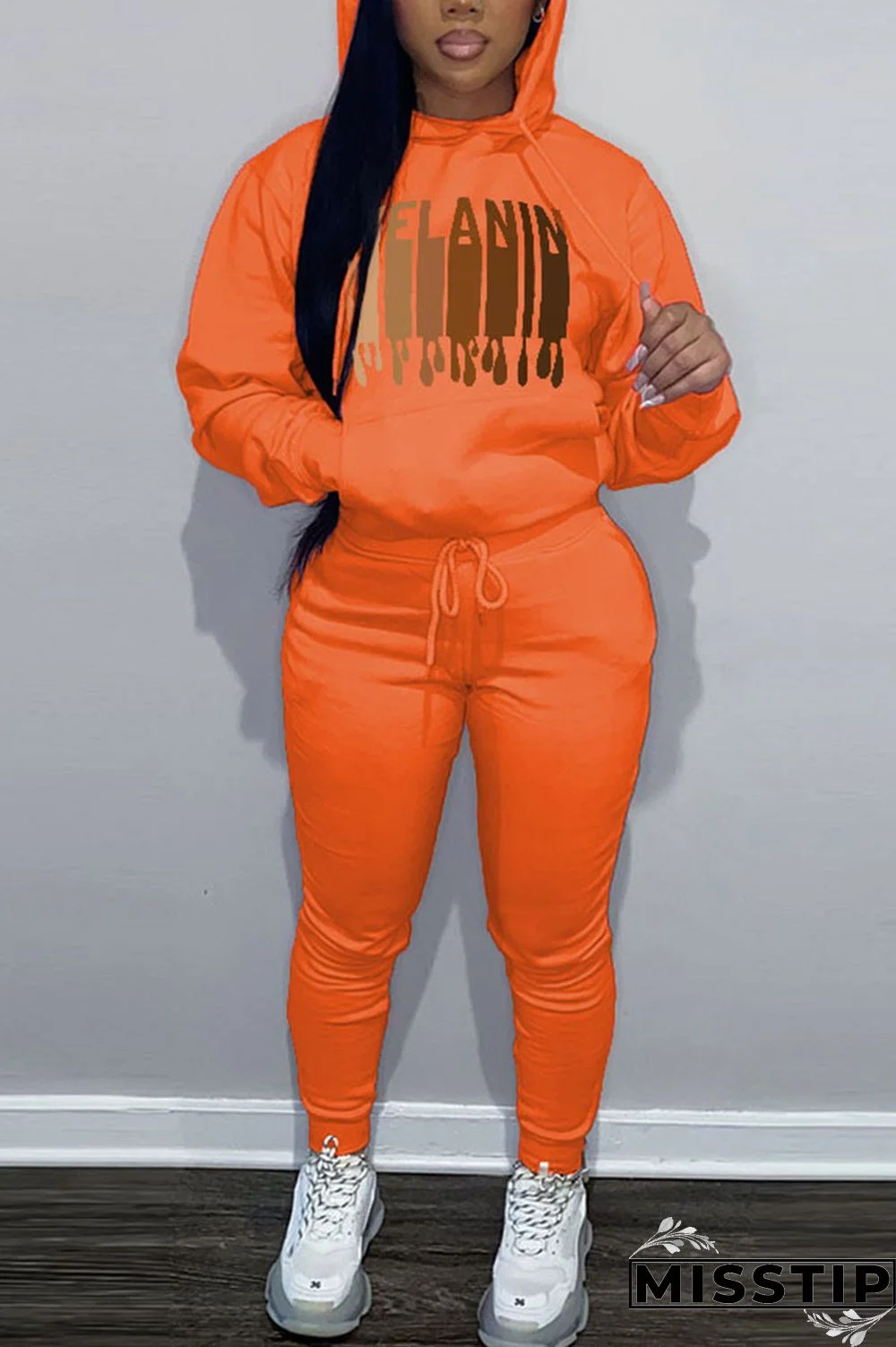 Brown Casual Print Patchwork Hooded Collar Long Sleeve Two Pieces