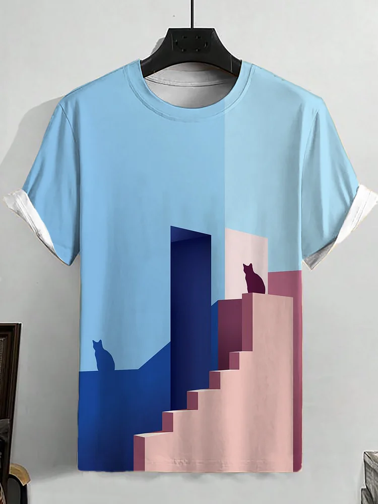 Men's Funny Monument Art Buildings Cat Print Casual T-Shirt