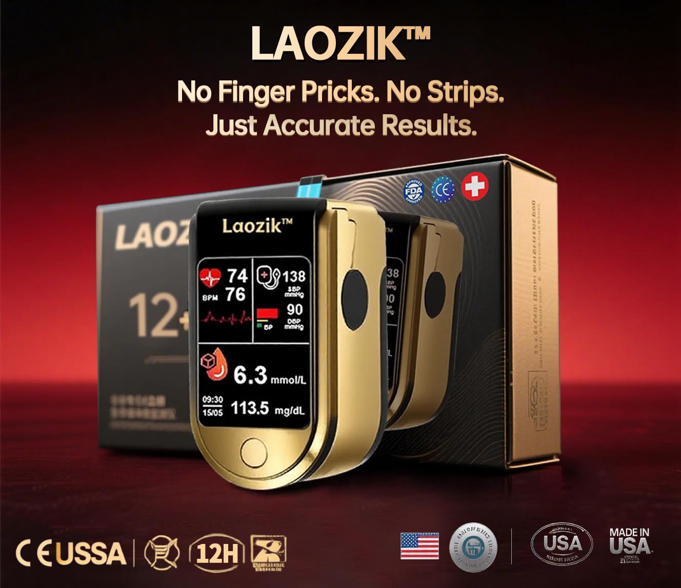LaozikTM Professional 12in1 Glucose Vital Signs Monitor-Painless, Fast, Precise FDA-Backed(Made in California, USA)