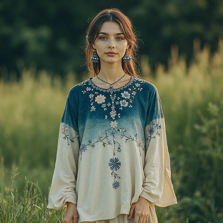 Utbros Retro Gradient Floral Embroidery Linen Blend Long Sleeve T-shirt