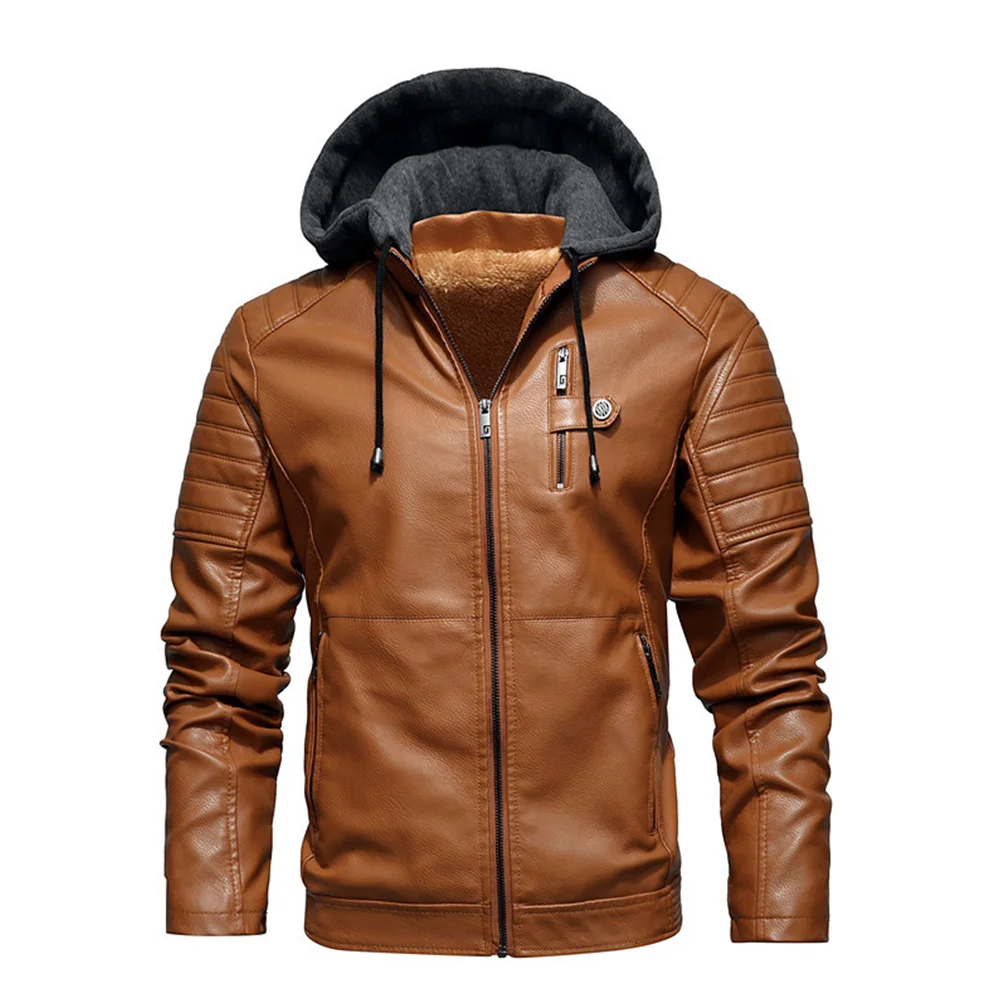 Smiledeer New autumn and winter men's velvet warm hooded leather jacket