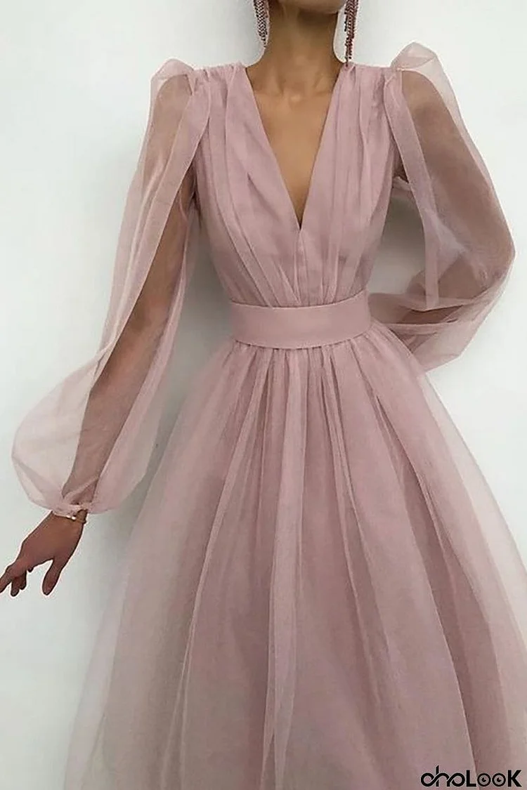 V Neck Tulle Long Sleeve Midi Dress