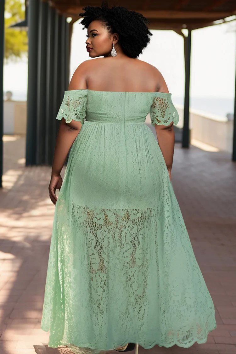 Xpluswear Design Plus Size Vacation Sage Green Off The Shoulder Split Lace Maxi  Dresses