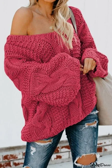 Rose Bubblegum V-Neck Braided Knit Sweater