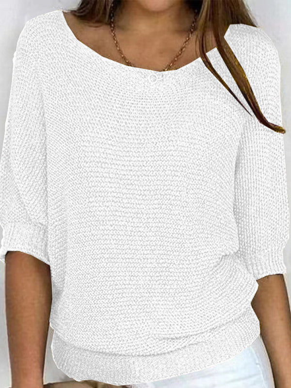 Solid Color Crew Neck Sweater For Women Elegant 3/4 Bat Sleeve Top
