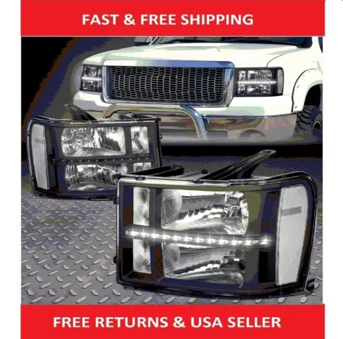 Dronehint [LED DRL]FOR 07-14 GMC SIERRA 1500 2500 3500 BLACK/CLEAR HEADLIGHT HEAD LAMPS (For: GMC) Parts