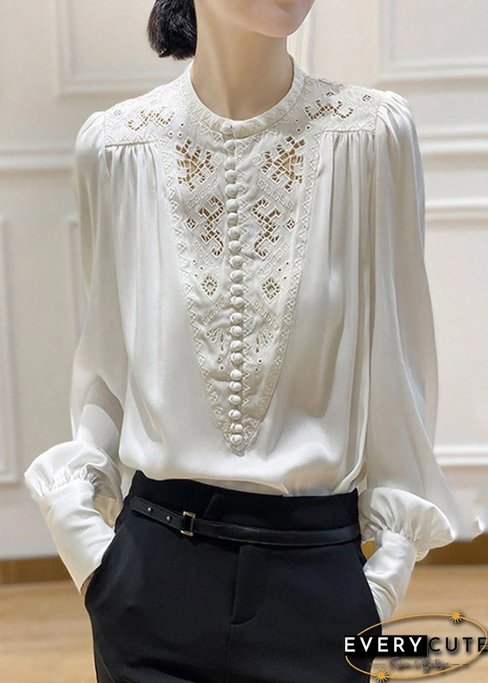 White O-Neck Embroideried Floral Silk Shirt Long Sleeve