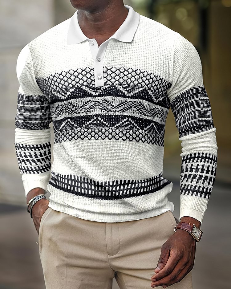 Men's casual geometric pattern retro polo shirt